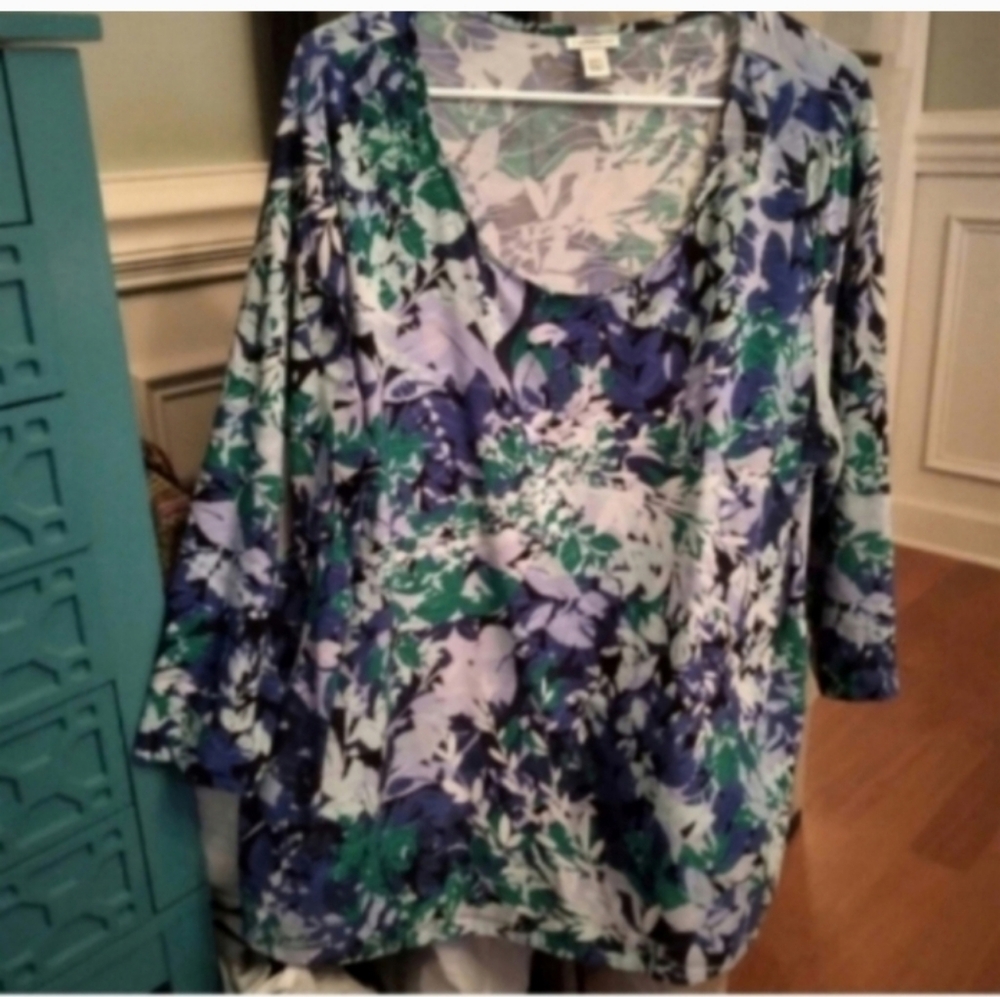Croft & Barrow Blue Green Purple Floral 3/4 Sleeve Blouse Career Office Dressy